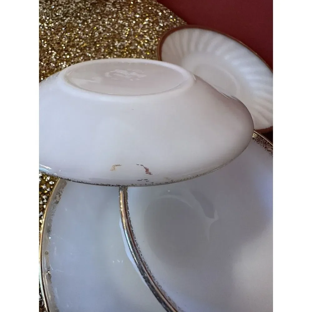 Vintage Fire King Oven Ware White Swirl Milk Glass‎ Gold Rim 2 Cup & 5 Saucers